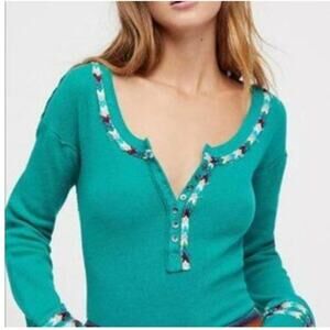 Free People Rainbow Thermal Top Kelly Green We The Free Small Waffle Henley Boho